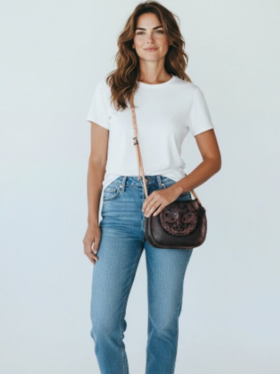 Leather Cat Face Crossbody Bag Hand Tooled Embossed Black Boho Whipstitch - Picture 14 of 14